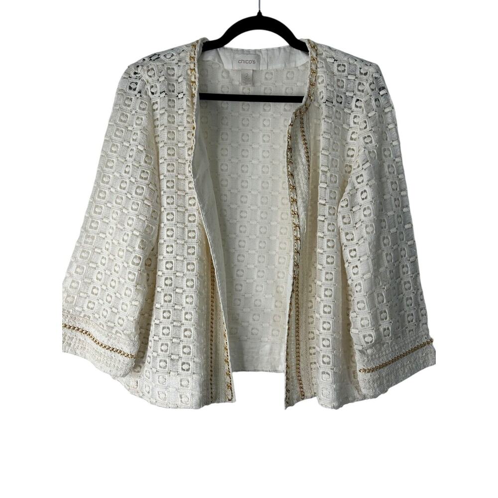 Chicos Embellished Lace Artisan Jacket Size‎ 2 Medium White Geometric Open Front